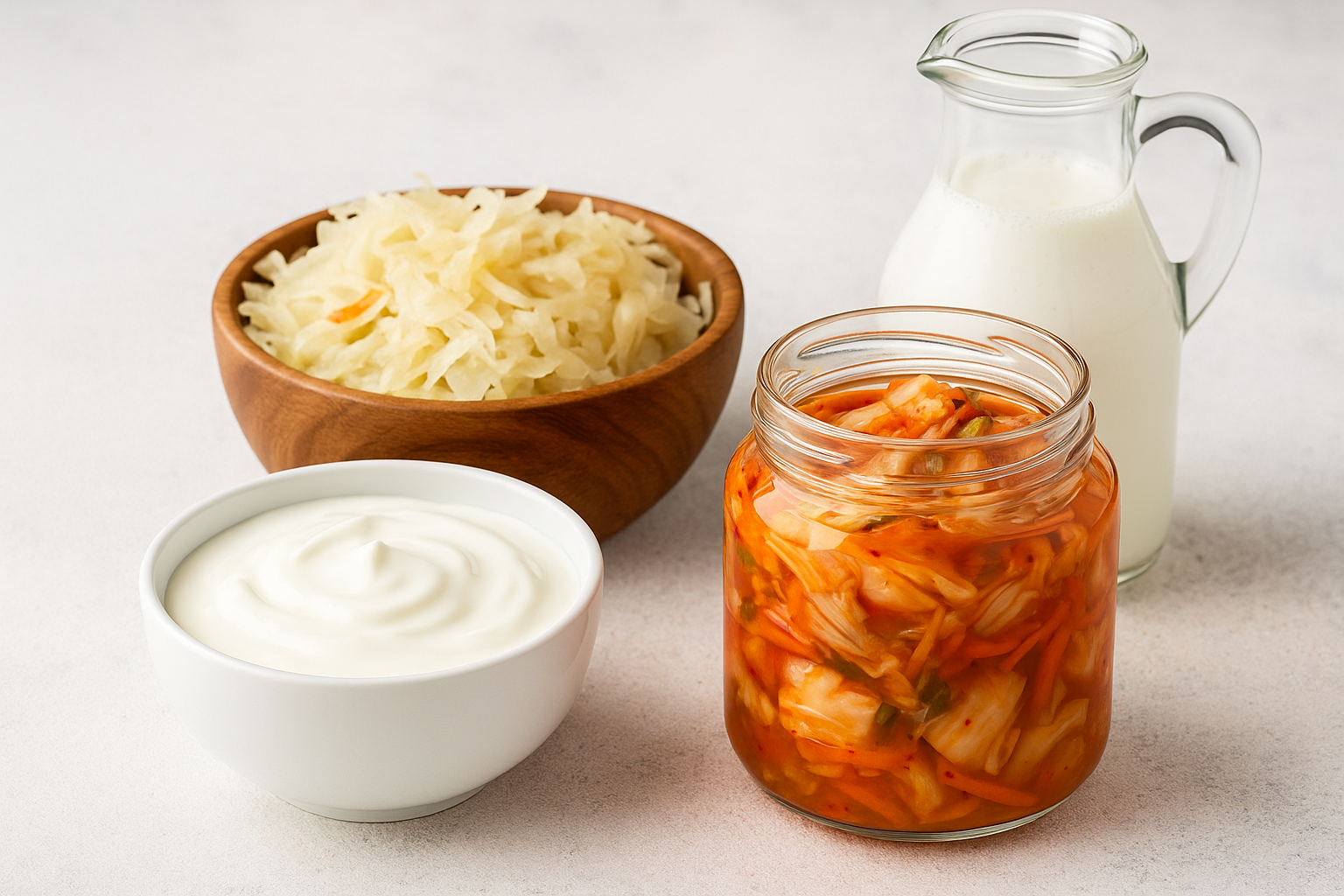Alimentos ricos en probióticos como yogur, kéfir, chucrut y kimchi
